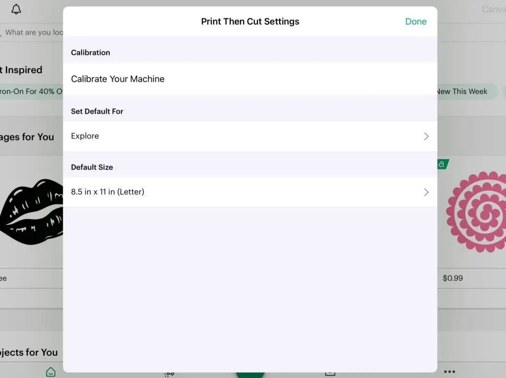 print then cut setting changes ipad