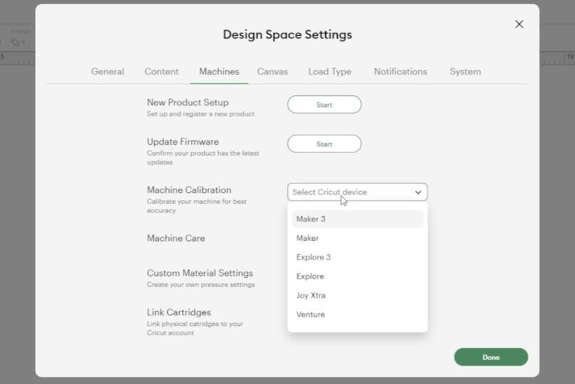 selecting cricut for calibration