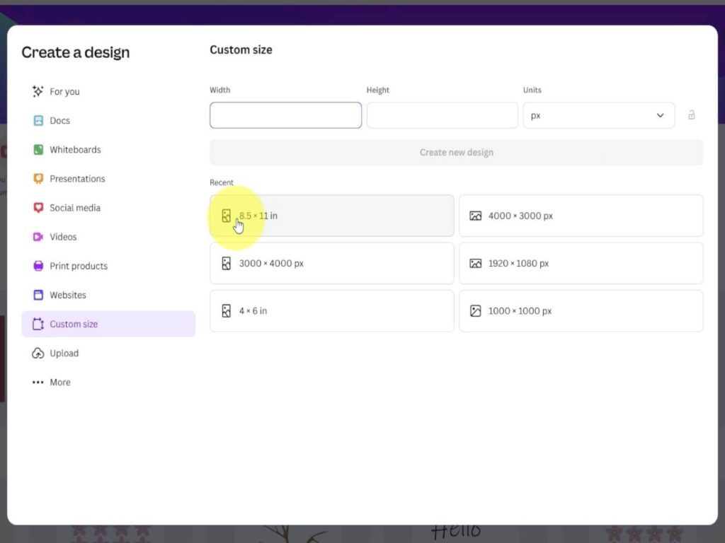 custom paper size in canva